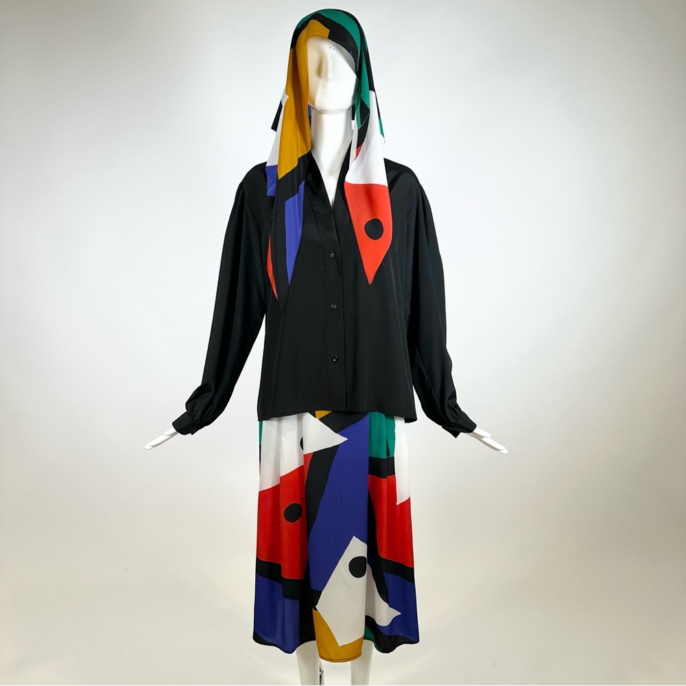 80’s Robert by Peter Hatsi 3 Sets Blouse Skirt Scarf Printed Black M-L
